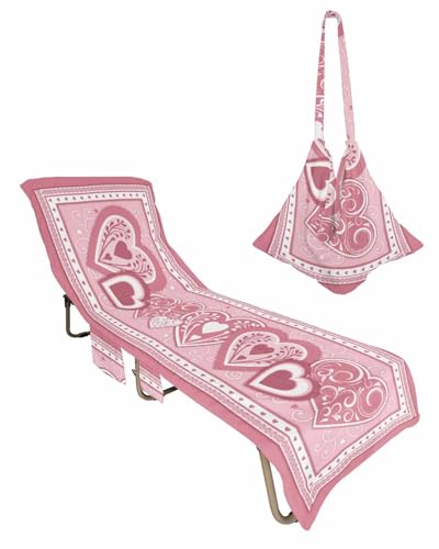 Pink Valentines Day Beach Lounge Chair Towel Cover, Soft Chaise Lounge Towel with Side Pockets Patio Pool Chairs Cover for Beach/Pool Sunbathing 29x85 Elegant Love Heart Pink Geometric