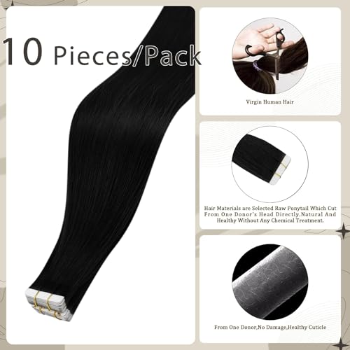 Image of Full Shine Virgin Tape in Hair Extensions Color 1 Jet Black Tapes Extensions 14 Inch Remy Hair Extensions Tape in 25 Gram Double Sided Tapes Hair Extension 10 Pcs Long Lasting for Women