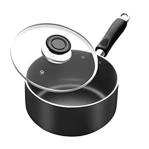 Classic Nonstick Saucepan with Straining and Glass Lid Cover, 2-Quart Aluminum Covered Sauce Pan for Home Kitchen, Dishwasher Safe Multipurpose Pot with Ergonomic Handle, Induction Compatible(2 Quart)