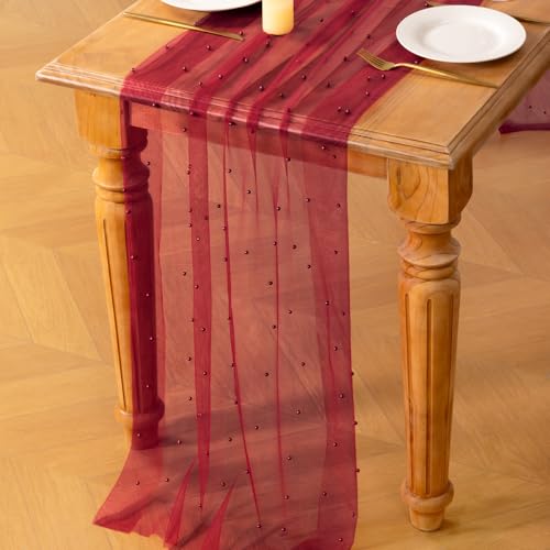 Image of MLMC Red Pearl Table Runner Boho Rustic Tulle Table Runner with Pearls 10ft 29 inchx120 inch Cheesecloth Table Decor for Wedding Bridal Shower Anniversary Home Decoration