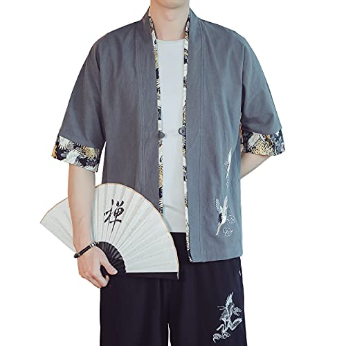 Image of PRIJOUHE Men's Kimono Jackets Cardigan Lightweight Casual Cotton Blends Linen Seven Sleeves Open Front Coat Outwear