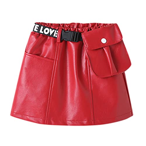 Girls PU Leather Skirt Baby Kids Toddler Patchwork Elastic Waist A-Line Leather Skirt with Pocket (Red, 5-6 Years)