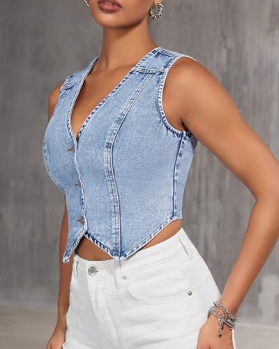 Women's V Neck Asymmetrical Hem Sleeveless Button Front Crop Denim Vest4