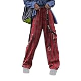 Gothic Harajuku Plaid Pants Women Chain Wide Leg Goth Streetwear Red Trousers Loose-2705-XL