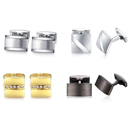 HONEY BEAR 4pairs Cufflinks Set Mens Rectangle Steel for Business Wedding Gift with Box