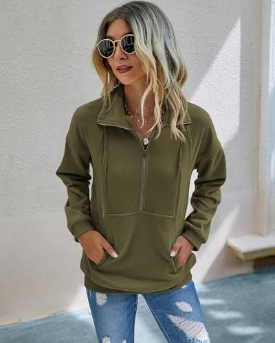 Image of PRETTYGARDEN Women's Casual Long Sleeve Zipper Sweatshirt Drawstring Loose Quarter Zip Pullover Tops with Pockets