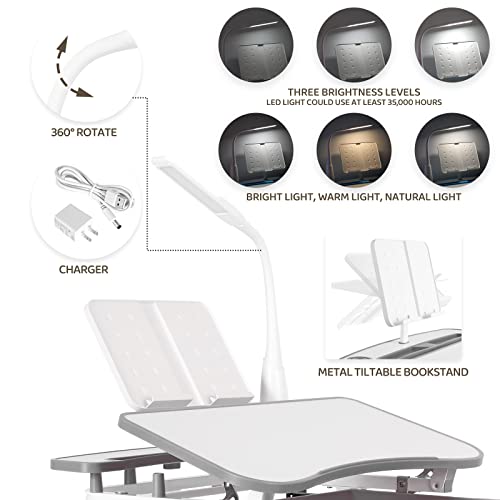 Aoou Kids Desk And Chair Set, Height Adjustable Multifunctional Writing Table With Steel Bookstand, Hook, Pull-Out Drawer, 360° Rotation 3 Brightness, Tiltable Desktop, For Study #TOP3