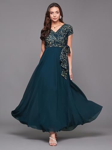 Image of Miss Chase Women's Round Neck Cap Sleeves Lace Knee -Long Skater Dress