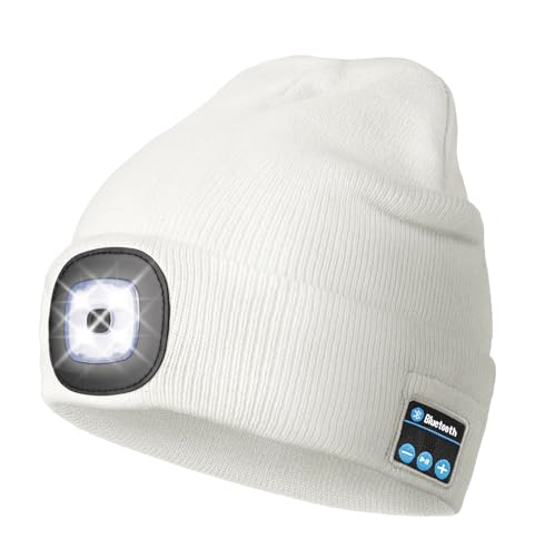 Image of Wmcaps Bluetooth Beanie with a Light, Unisex USB Rechargeable 4 LED Fashlight Hat with Cordless Headphones, Unique Christmas Birthday Gifts for Men Him Husband Teen White