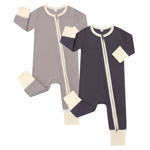 Image of Bafeicao Baby Boy Girl 2 Pack Rompers with Mitten Cuffs, Ribbed Cotton 2 Way Zipper Romper One Piece Jumpsuits Clothes