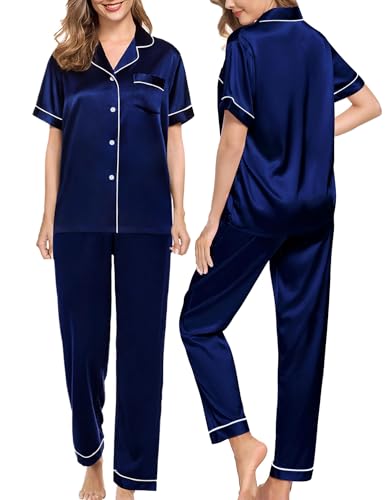 Image of SWOMOG Women Satin Pajamas Set Short Sleeve Top & Pants Sleepwear Silky Button Down Nightwear 2pcs Loungewear Pjs Set Deep Navy Blue X-Large