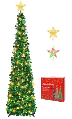 5FT Pop Up Christmas Tree with Lighted Top Star, Collapsible Pencil Tree