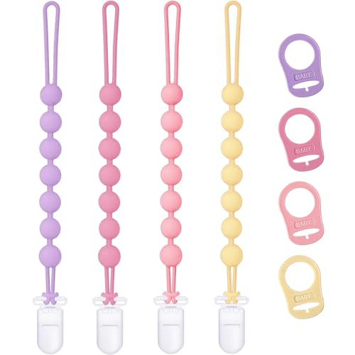Image of 4-Pack Silicone Pacifier Clip with Adapter Ring Fits MAM Dummy, Soft Flexible Binky Holder for Button-Style Maam Dummies, Anti-Loss Paci Clips for Baby Girls, Xmas Gifts Baby Shower Essentials