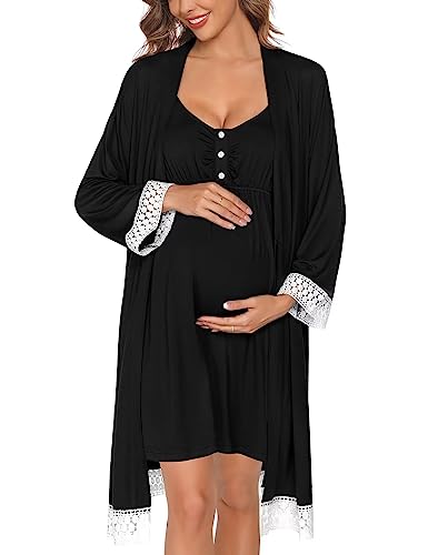 Image of SWOMOG Women Maternity Nursing Robe Set Labor and Delivery Gown Breastfeeding Nightgown Postpartum Robe Sets for Hospital
