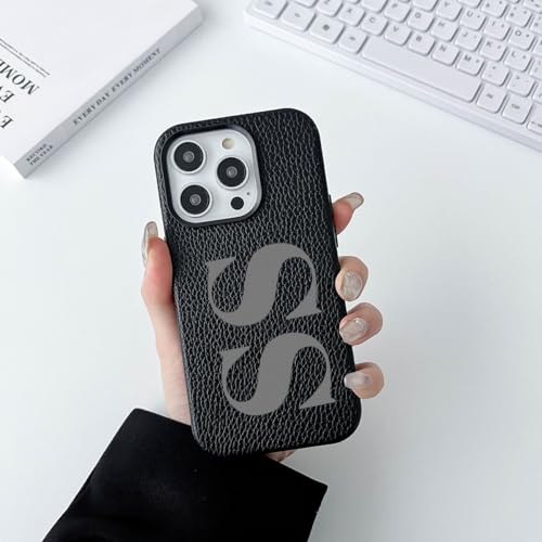 WOWTIFY Personalized Initials Luxury Vegan Leather Case for iPhone 15 Pro,Custom Monogram Phone Cover Black