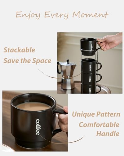 LAUCHUH Coffee Mug Set, Porcelain Stackable Coffee Mugs with Rack,15 oz Cappuccino Cups for Tea, Cocoa, Milk, Latte, Christmas, Set of 4, Matte Black