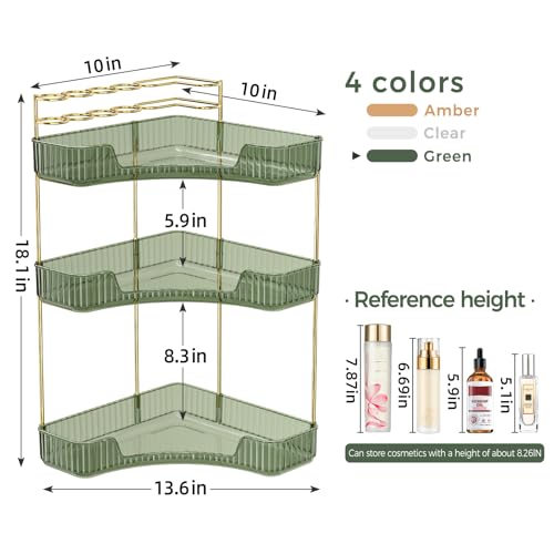Image of BEFSOP Corner Bathroom Counter Organizer, Upgraded 3-Tier Makeup Organizer Countertop with Makeup Brush Holder, Skincare Exquisite Vanity Organizers Countertop Bathroom Storage Dresser(Green)