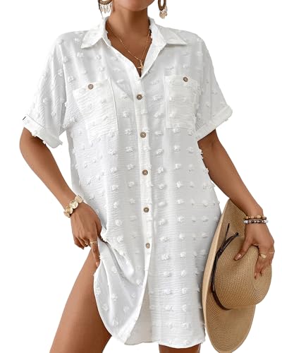 Bsubseach Swimsuit Coverup for Women Swiss Dot Bathing Suit Swimwear Button Down Beach Shirt Cover Up Resort Wear