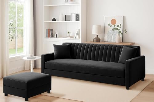 Image of Three Seater Wooden Sofa Set Comfortable Velvet Fabric Sofa Set with Ottoman Stylish & Space-Saving Design for Home & Office Guest Room (Black Color)