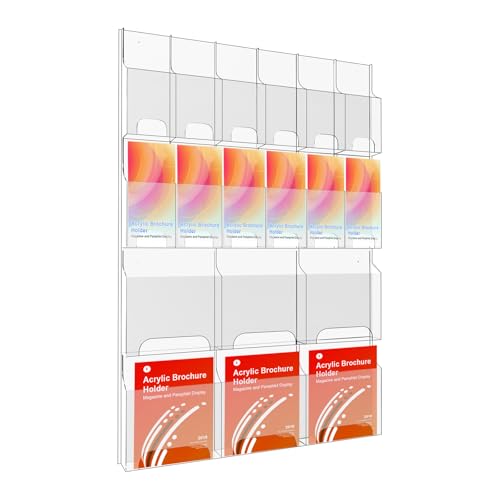 Acrylic Brochure Holder Wall Mount, Magazine and Pamphlet Display, Clear Literature Organizer Rack for 12 Pamphlets and 6 Magazines, Flyer Pamphlet Holder with Business Card Holders and Index Tabs