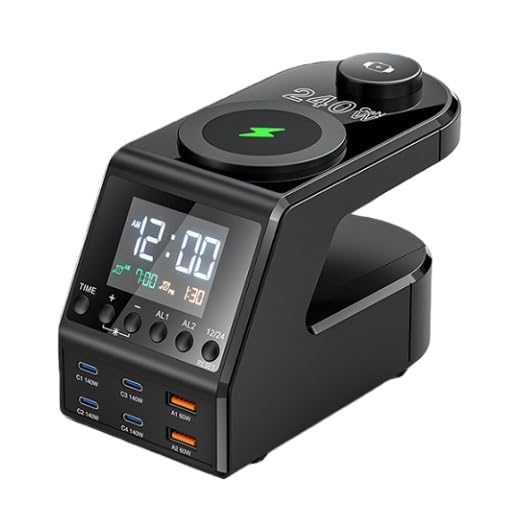 Estación de carga de escritorio multifuncional de pantalla digital de 240 W con 6 puertos USB y cargador inalámbrico de carga rápida PD de 140 W