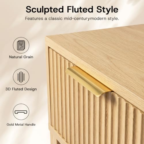 Image of Solid Wood Nightstand with Drawer, Mid-Century Real Wooden Bedside Table with Storage,Modern Fluted End Table for Bedroom Sofa Couch Office,15.75 inch L x 11.81 inch W x 23.62 inch H Natural.
