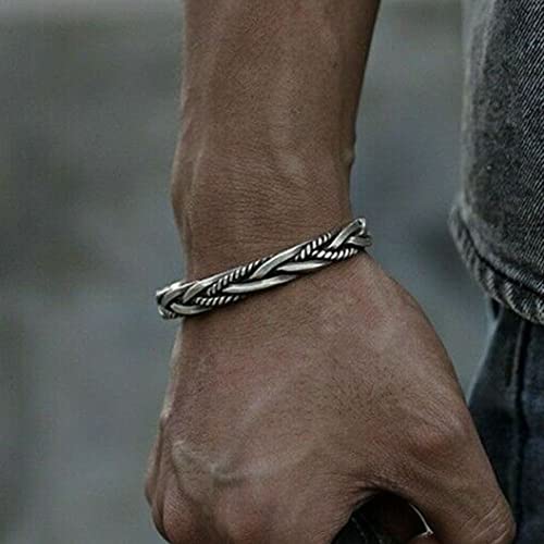 gofidin 925 Sterling Silver Bangle for Men, Vintage Open Bracelet,Thai Handmade Retro Twisted Braided Open Cuff Bracelet2