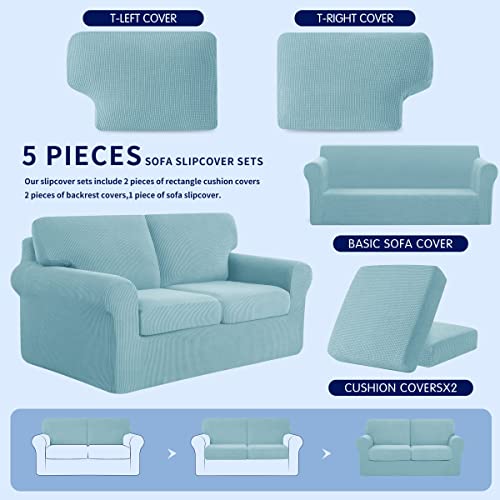Subrtex 5 Piece Loveseat Cover Bundles 7 Piece Sofa Cover Stretch Couch Slipcover With Separate Backrest Covers And Cushion Covers Slipcover Sets For Living Room（Medium+Large,Steel Blue） #TOP5