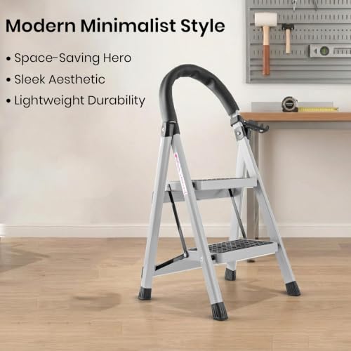 Image of Casa Copenhagen White 2 Step Ladder for Home Use with Built-in Tool Tray | Heavy Duty D Shape Rods | Ultra Large Platform | Wide Rubber Feet | 150Kg Capacity Foldable Ladder - 7 Years Warranty