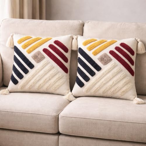 Image of RRC Boho Throw Pillows 16x16 Inch Set of 2 - Soft Mid Century Modern Decorative Pillow Covers, Aesthetic Cushion Cases for Couch, Sofa, Bed & Bedroom Decor (Brown, 16X16(Inches))