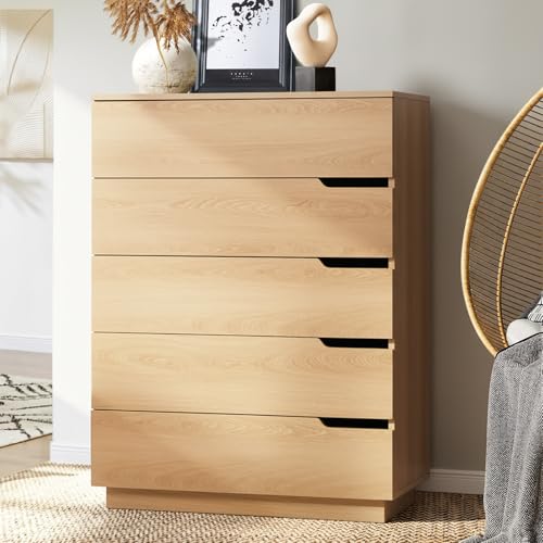 Oikiture Chest of Drawers – 5 Drawer Tallboy Dresser Storage Cabinet for Bedroom Natural Finish