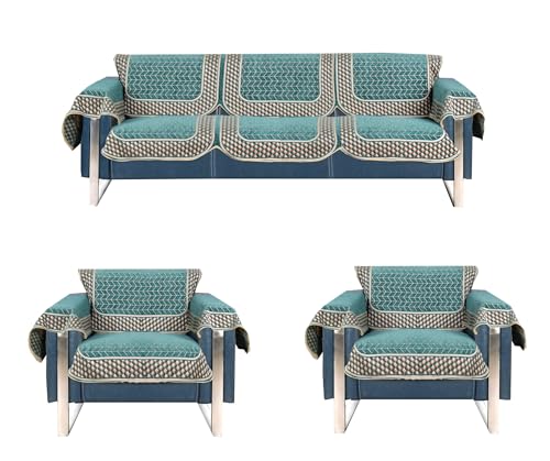 Image of Premium Chenille Woven Anti-Slip 5 Seater Sofa Cover with Armt Rest | L-Shape Sofa Seat Protector for Living Room | Durable & Stylish Slipcover - Turquoise - 3D