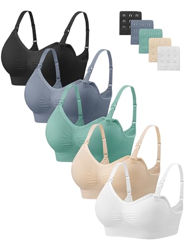 Image of Angelhood Nursing Bra 5 Pack Womens Maternity Breastfeeding Bra Seamless Wireless Sleep Bra with Bra Extenders