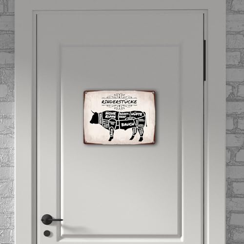 Rinderstücke BBQ Beef Fleischstücke Metallschild in 15x20 cm Blechschild für den Grill als Dekoration für Grillfans und Fleischesser