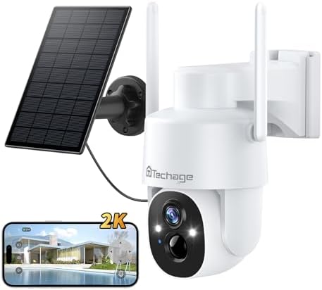 Techage Solar Security Camera Wireless Outdoor, 2K WiFi Cameras for Home Security, 360° PTZ Surveillance Camera with PIR, Color Night Vision, 2-Way Talk, IP66 Waterproof, SD/Cloud, Work with Alexa