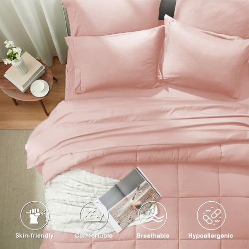 Anluoer Full Size Bed in a Bag 7 Pieces, Pink Bed Comforter Set with Sheets, All Season Bedding Sets with 1 Comforter, 2 Pillow Shams, 2 Pillowcases, 1 Flat Sheet, 1 Fitted Sheet