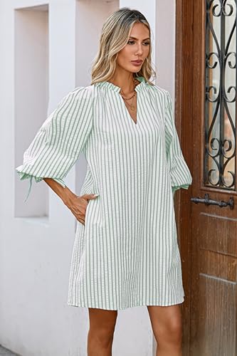 Image of EZAPINE Striped Dress for Women V Neck 3 /4 Bow Puff Sleeve Summer A Line Flowy Shirt Dress with Pockets