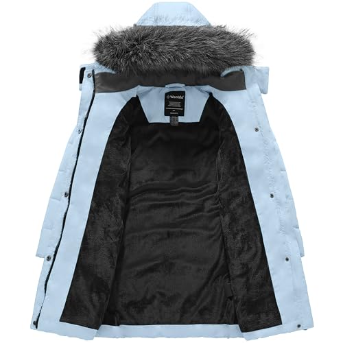 Image of wantdo Girls Winter Coats Long Puffer Jackets Fleece Lined Removable Hood | Detachable Faux Fur, 5000mm Waterproof, Zippered Pockets, Machine Washable