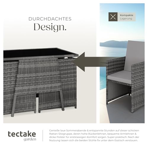 tectake® Poly Rattan Sitzgruppe für 2 Personen, Outdoor Möbel platzsparend zusammenschiebbar, 2 Sessel & 1 Tisch, ideales Balkon Lounge Set, Gartenmöbel, Terrassenmöbel wetterfest - grau 4