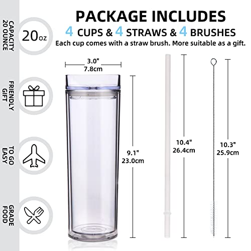 Volhoply 20oz Plastic Skinny Tumblers Bulk 4 Pack,Double Wall Tumbler with Lid and Straw,BPA Free Matte Acrylic Water Cups for Parties(Clear,4 Set) - Image 3