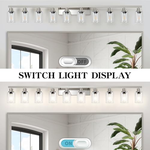 Image of Brushed Nickel Bathroom Vanity Light,10-Light Vanity Lights with Clear Glass,64.5in Modern Bathroom Wall Lights Fixtures Over Mirror,Wall Sconces Lighting for Bedroom Living Room,E26