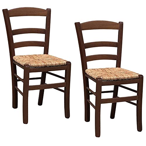 Dunkler Nussbaum Holzstuhl mit Sitz aus Reisstroh x 2