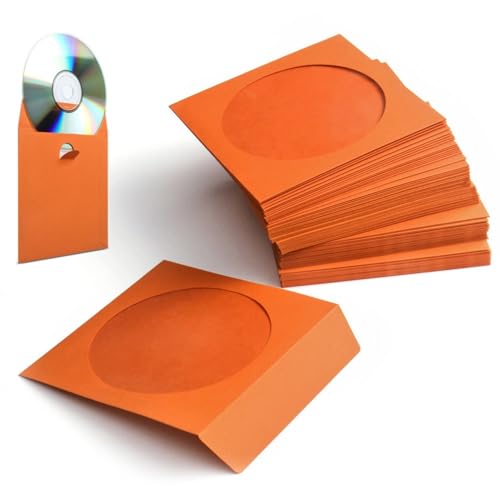 Flexzion DVD CD Sleeves 100 Pack - Premium Paper CD Sleeves for Blank CDs for Burning Music Movie Video Game Disc - Thick Disc Sleeve CD Envelopes Storage with Window Cutout and Flap, Orange
