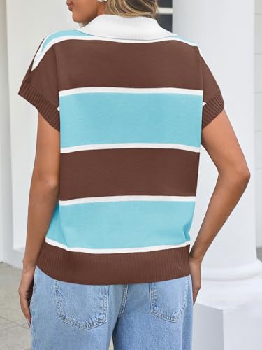 Image of Saodimallsu Women's V Neck Button Down Striped Short Sleeve Knit Sweater