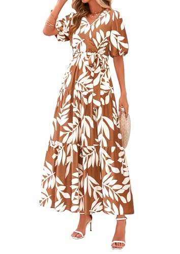 PRETTYGARDEN Women's Summer Maxi Dress 2025 Resort Wear Boho Floral V Neck Puff Short Sleeve Ruffle Flowy Beach Long Dresses