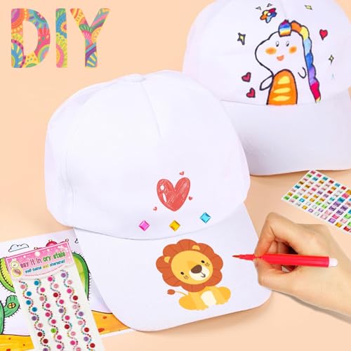Graffiti Kappe Weiß,DIY Baseballkappe Kinder mit Glitzersteine Selbstklebend,Baseball Caps Scherzt Baseballmütze zum Bemalen Kunst Anstrich Hut Mütze für Kindergeburtstag Basteln Mädchen Jungen