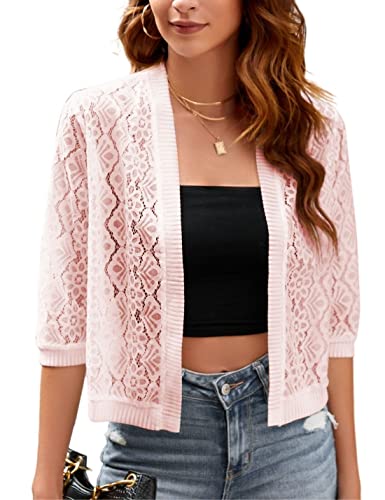 Image of FindThy Women's Casual Summer Lace Cardigan Open Front 3 /4 Sleeve Solid Lace Shrug Cover Up