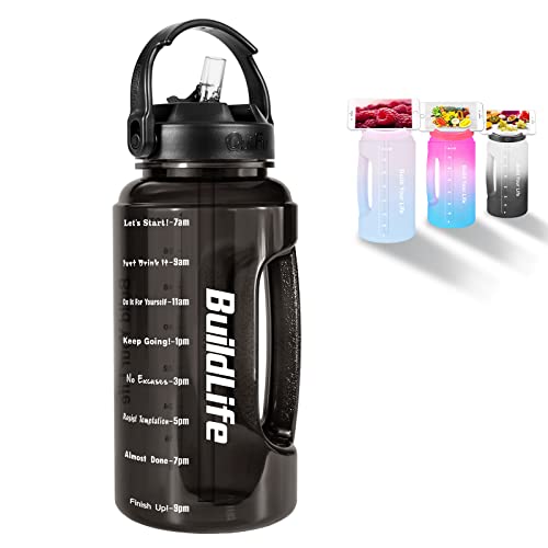 BuildLife Half Gallon Water Bottle - BPA Free Half Gallon Water Jug with Times to Drink Leakproof Straw Lid Reusable Motivational 73 oz Water Bottles(Black,half gallon)