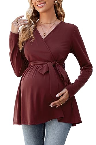 OUGES Women's Maternity Tunics Tops Shirts Long Sleeve Wrap V Neck Nursing Maternity Clothes Casual Pregnancy Blouse(Wine,M)