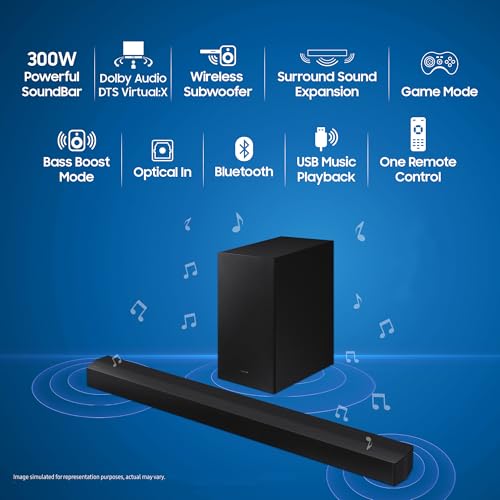 Image of Samsung 300 W 2.1 ch Dolby Audio Soundbar, DTS Virtual:X, Surround Sound Expansion, Bluetooth, Optical in, USB, Wireless Subwoofer (HW-C450 /XL, Black)